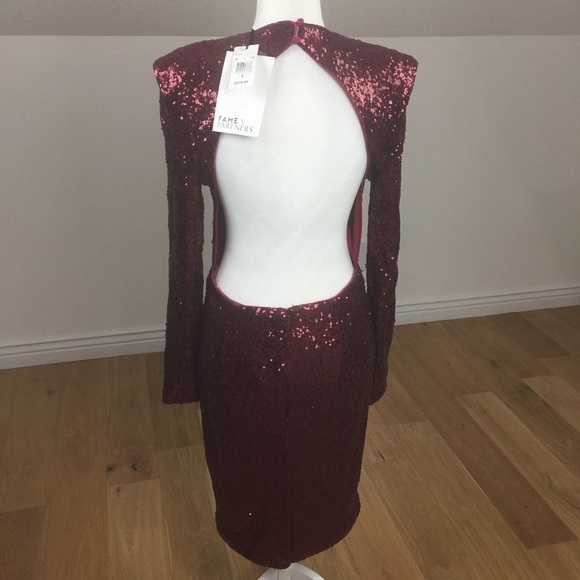 Fame and Partners Open Back Dark Red Sequin Midi Cocktail Dress Size 8 - Picture 7 of 13